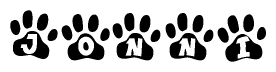 The image shows a series of animal paw prints arranged in a horizontal line. Each paw print contains a letter, and together they spell out the word Jonni.