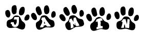 The image shows a row of animal paw prints, each containing a letter. The letters spell out the word Jamin within the paw prints.