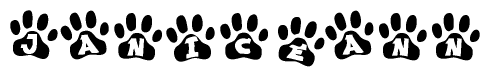 The image shows a row of animal paw prints, each containing a letter. The letters spell out the word Janiceann within the paw prints.
