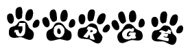 The image shows a row of animal paw prints, each containing a letter. The letters spell out the word Jorge within the paw prints.