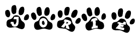 The image shows a series of animal paw prints arranged horizontally. Within each paw print, there's a letter; together they spell Jorie