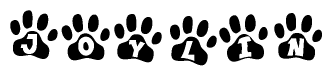 The image shows a row of animal paw prints, each containing a letter. The letters spell out the word Joylin within the paw prints.