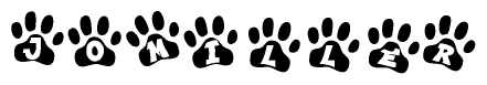 The image shows a series of animal paw prints arranged in a horizontal line. Each paw print contains a letter, and together they spell out the word Jomiller.