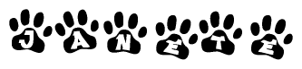 The image shows a series of animal paw prints arranged in a horizontal line. Each paw print contains a letter, and together they spell out the word Janete.
