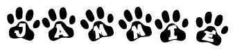 The image shows a series of animal paw prints arranged in a horizontal line. Each paw print contains a letter, and together they spell out the word Jammie.