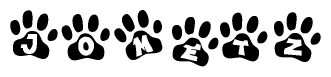 The image shows a series of animal paw prints arranged in a horizontal line. Each paw print contains a letter, and together they spell out the word Jometz.