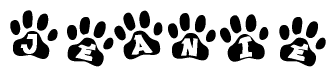 The image shows a row of animal paw prints, each containing a letter. The letters spell out the word Jeanie within the paw prints.