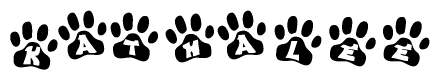 The image shows a series of animal paw prints arranged in a horizontal line. Each paw print contains a letter, and together they spell out the word Kathalee.