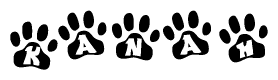 The image shows a series of animal paw prints arranged in a horizontal line. Each paw print contains a letter, and together they spell out the word Kanah.