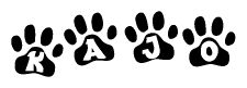 The image shows a series of animal paw prints arranged in a horizontal line. Each paw print contains a letter, and together they spell out the word Kajo.