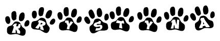 The image shows a series of animal paw prints arranged in a horizontal line. Each paw print contains a letter, and together they spell out the word Krystyna.