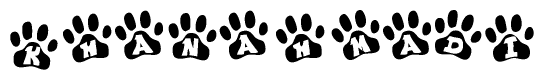 The image shows a series of animal paw prints arranged horizontally. Within each paw print, there's a letter; together they spell Khanahmadi