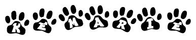 The image shows a series of animal paw prints arranged horizontally. Within each paw print, there's a letter; together they spell Kemarie