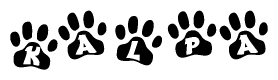 The image shows a series of animal paw prints arranged in a horizontal line. Each paw print contains a letter, and together they spell out the word Kalpa.