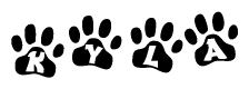 The image shows a series of animal paw prints arranged horizontally. Within each paw print, there's a letter; together they spell Kyla