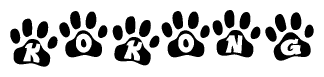 The image shows a row of animal paw prints, each containing a letter. The letters spell out the word Kokong within the paw prints.