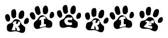 The image shows a series of animal paw prints arranged in a horizontal line. Each paw print contains a letter, and together they spell out the word Kickie.