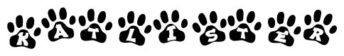 The image shows a series of animal paw prints arranged horizontally. Within each paw print, there's a letter; together they spell Katlister