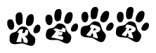 The image shows a row of animal paw prints, each containing a letter. The letters spell out the word Kerr within the paw prints.