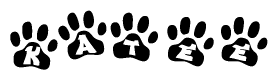 The image shows a series of animal paw prints arranged in a horizontal line. Each paw print contains a letter, and together they spell out the word Katee.