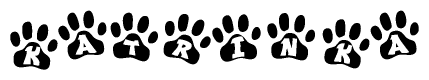 The image shows a series of animal paw prints arranged horizontally. Within each paw print, there's a letter; together they spell Katrinka