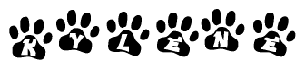 The image shows a series of animal paw prints arranged horizontally. Within each paw print, there's a letter; together they spell Kylene
