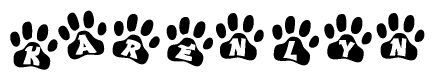 The image shows a series of animal paw prints arranged in a horizontal line. Each paw print contains a letter, and together they spell out the word Karenlyn.