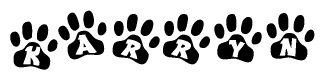 The image shows a series of animal paw prints arranged in a horizontal line. Each paw print contains a letter, and together they spell out the word Karryn.