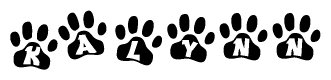 The image shows a row of animal paw prints, each containing a letter. The letters spell out the word Kalynn within the paw prints.