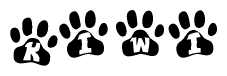 The image shows a row of animal paw prints, each containing a letter. The letters spell out the word Kiwi within the paw prints.