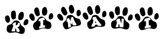 The image shows a series of animal paw prints arranged horizontally. Within each paw print, there's a letter; together they spell Kimani