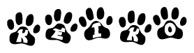 The image shows a series of animal paw prints arranged in a horizontal line. Each paw print contains a letter, and together they spell out the word Keiko.