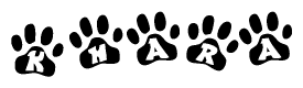 The image shows a series of animal paw prints arranged in a horizontal line. Each paw print contains a letter, and together they spell out the word Khara.