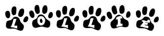 The image shows a row of animal paw prints, each containing a letter. The letters spell out the word Lollie within the paw prints.