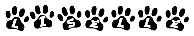 The image shows a series of animal paw prints arranged in a horizontal line. Each paw print contains a letter, and together they spell out the word Liselle.