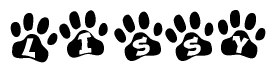 The image shows a series of animal paw prints arranged horizontally. Within each paw print, there's a letter; together they spell Lissy
