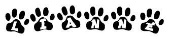 The image shows a series of animal paw prints arranged in a horizontal line. Each paw print contains a letter, and together they spell out the word Lianne.