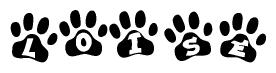 The image shows a row of animal paw prints, each containing a letter. The letters spell out the word Loise within the paw prints.