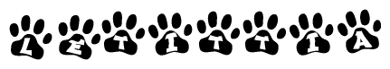 The image shows a row of animal paw prints, each containing a letter. The letters spell out the word Letittia within the paw prints.