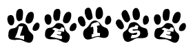 The image shows a series of animal paw prints arranged in a horizontal line. Each paw print contains a letter, and together they spell out the word Leise.