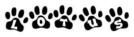 The image shows a row of animal paw prints, each containing a letter. The letters spell out the word Lotus within the paw prints.