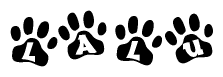 The image shows a series of animal paw prints arranged horizontally. Within each paw print, there's a letter; together they spell Lalu