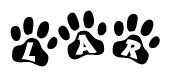 The image shows a series of animal paw prints arranged in a horizontal line. Each paw print contains a letter, and together they spell out the word Lar.
