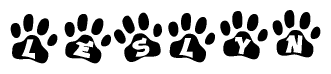 The image shows a series of animal paw prints arranged horizontally. Within each paw print, there's a letter; together they spell Leslyn