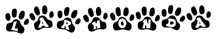 The image shows a row of animal paw prints, each containing a letter. The letters spell out the word Larhonda within the paw prints.