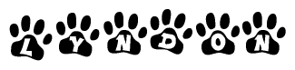 The image shows a row of animal paw prints, each containing a letter. The letters spell out the word Lyndon within the paw prints.
