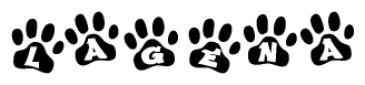 The image shows a series of animal paw prints arranged in a horizontal line. Each paw print contains a letter, and together they spell out the word Lagena.