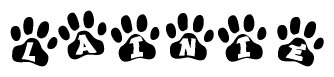 The image shows a series of animal paw prints arranged in a horizontal line. Each paw print contains a letter, and together they spell out the word Lainie.