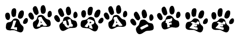 The image shows a series of animal paw prints arranged in a horizontal line. Each paw print contains a letter, and together they spell out the word Laura-fee.