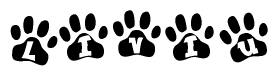 The image shows a series of animal paw prints arranged in a horizontal line. Each paw print contains a letter, and together they spell out the word Liviu.